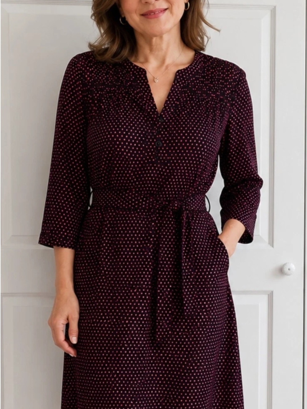 41Hawthorn Navy Red Polka Dot Shift Dress 100% Rayon L 3/4 Sleeve Knee Length